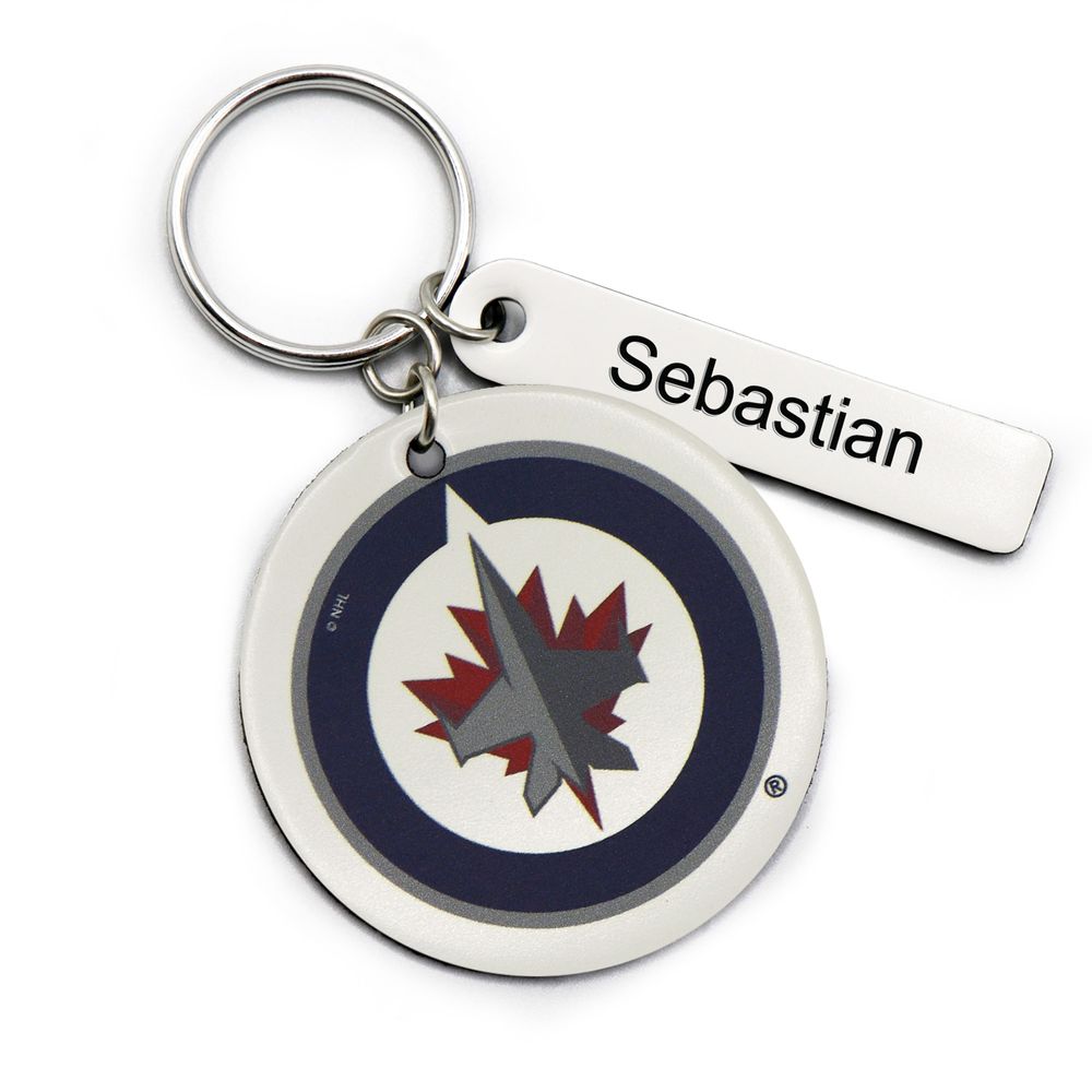 White Winnipeg Jets Personalized Leather Round Keychain