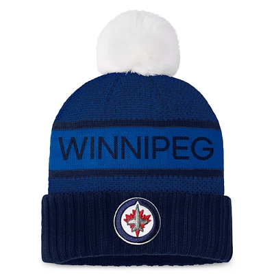 Bonnet en tricot à revers authentique Pro Fanatics Navy Jets de Winnipeg pour femmes avec pompon