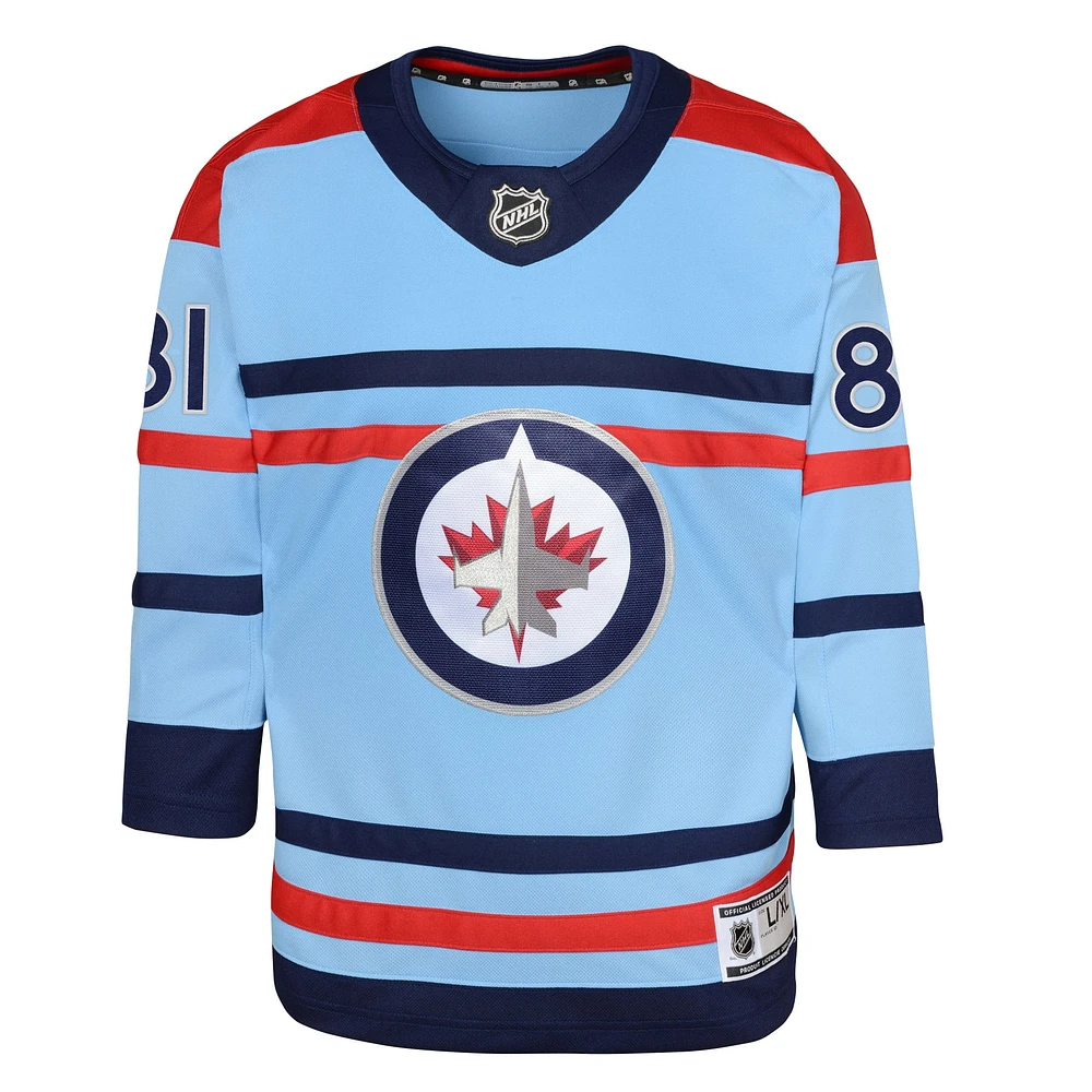 Maillot de joueur premier anniversaire des Jets Winnipeg, Kyle Connor, bleu clair, pour jeune