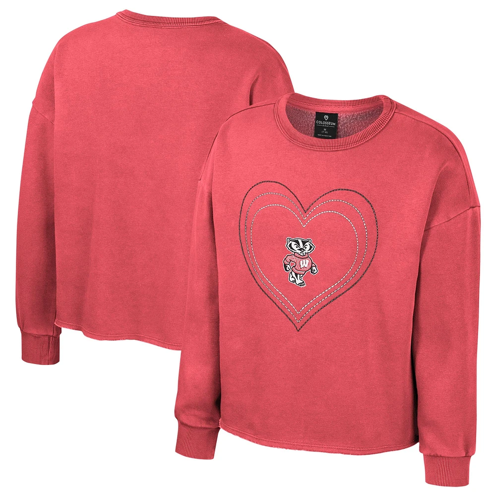 Girls Youth Colosseum Red Wisconsin Badgers Audrey Washed Fleece Pullover Crewneck Sweatshirt