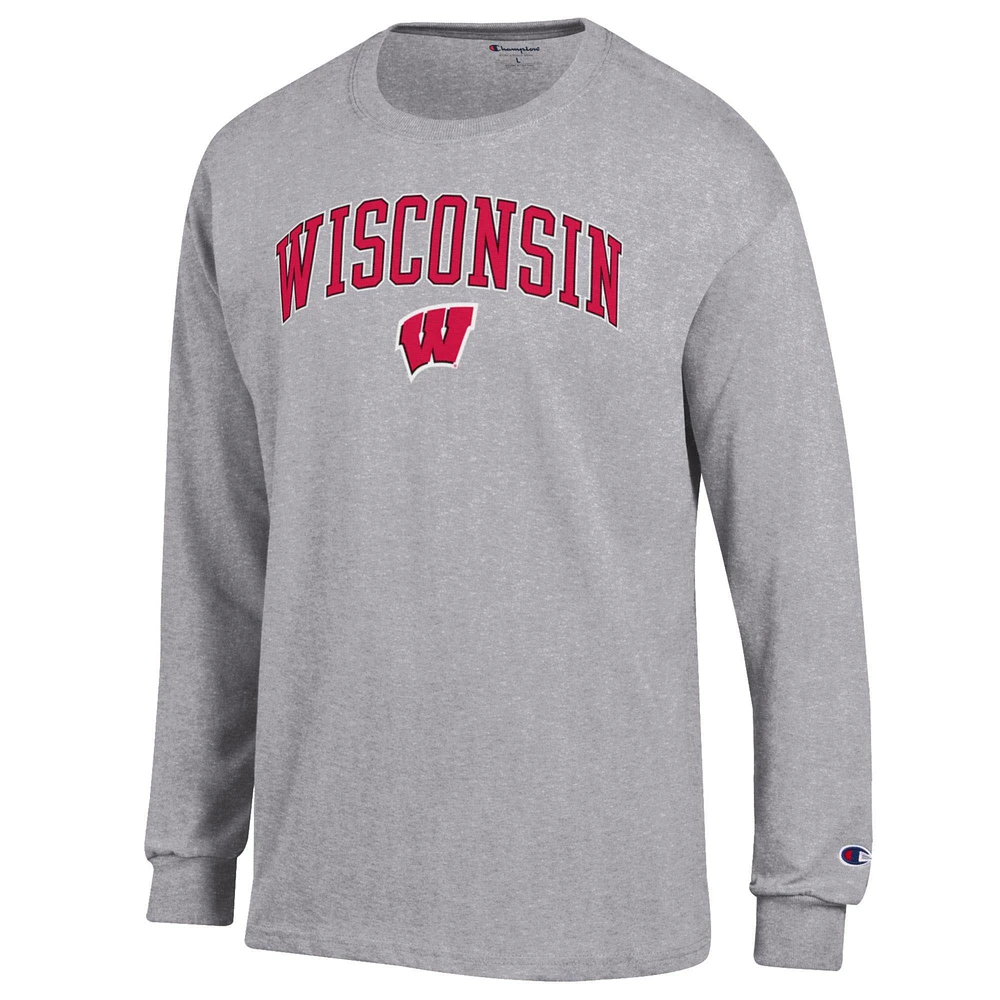 Men's Champion  Heather Gray Wisconsin Badgers Arch Over Logo Long Sleeve T-Shirt