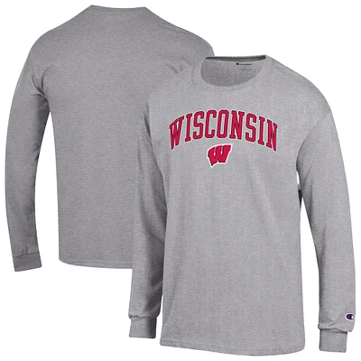Men's Champion  Heather Gray Wisconsin Badgers Arch Over Logo Long Sleeve T-Shirt