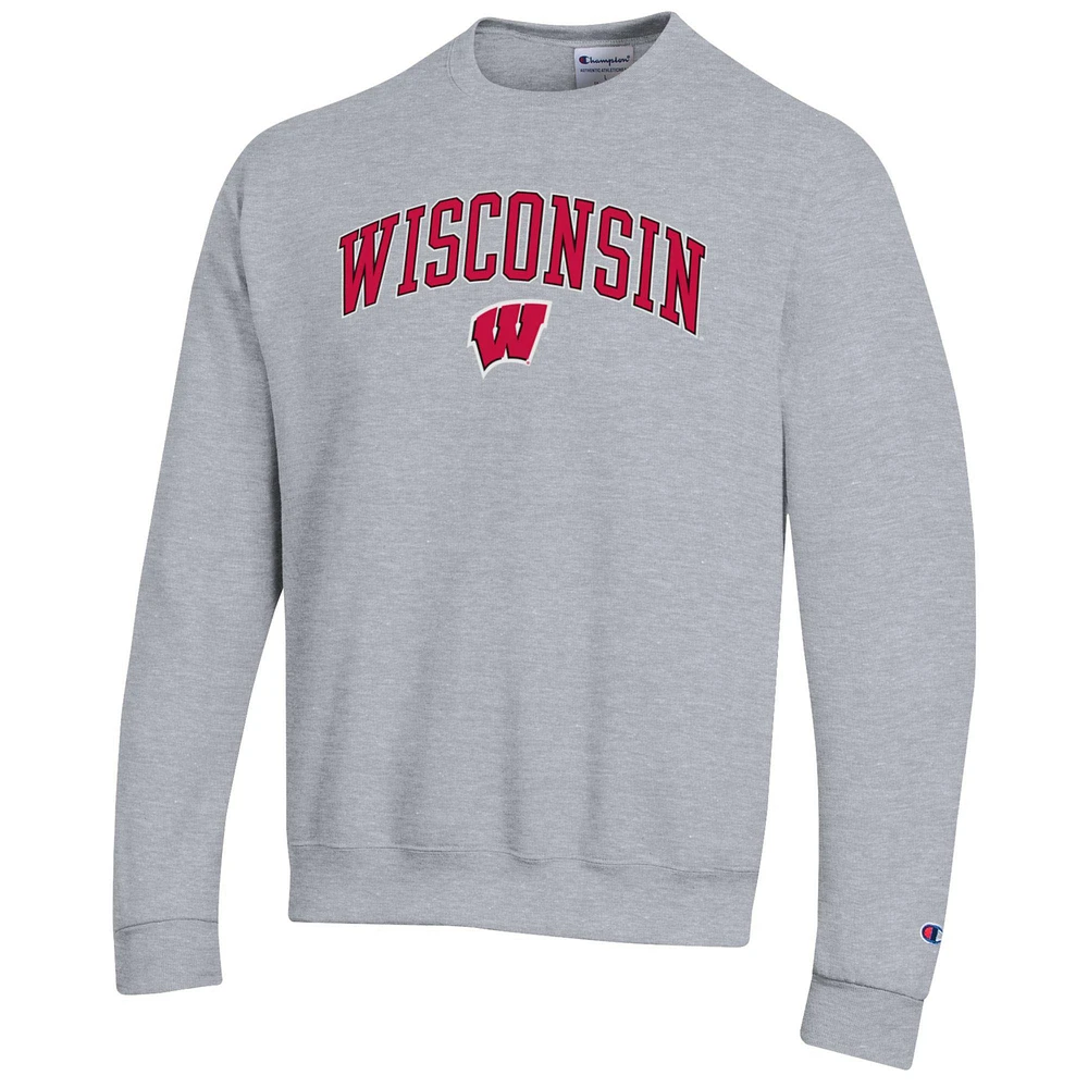 Men's Champion  Heather Gray Wisconsin Badgers Arch Over Logo Pullover Sweatshirt