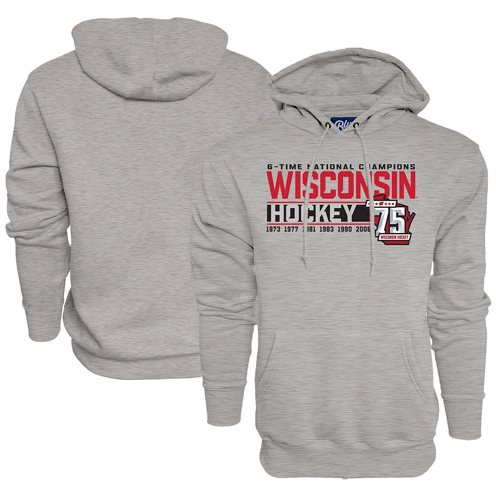 Sweat à capuche bleu 84 Heather Grey des Badgers du Wisconsin pour hommes, 75e saison et six fois champions nationaux