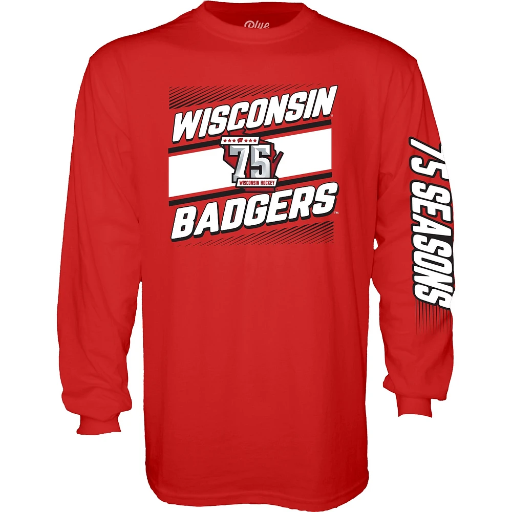 T-shirt à manches longues pour hommes, bleu 84 rouge, Wisconsin Badgers, 75e saison de hockey