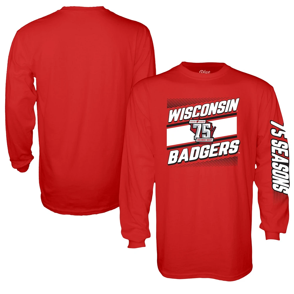 Men's Blue 84  Red Wisconsin Badgers Hockey 75th Season Long Sleeve T-Shirt