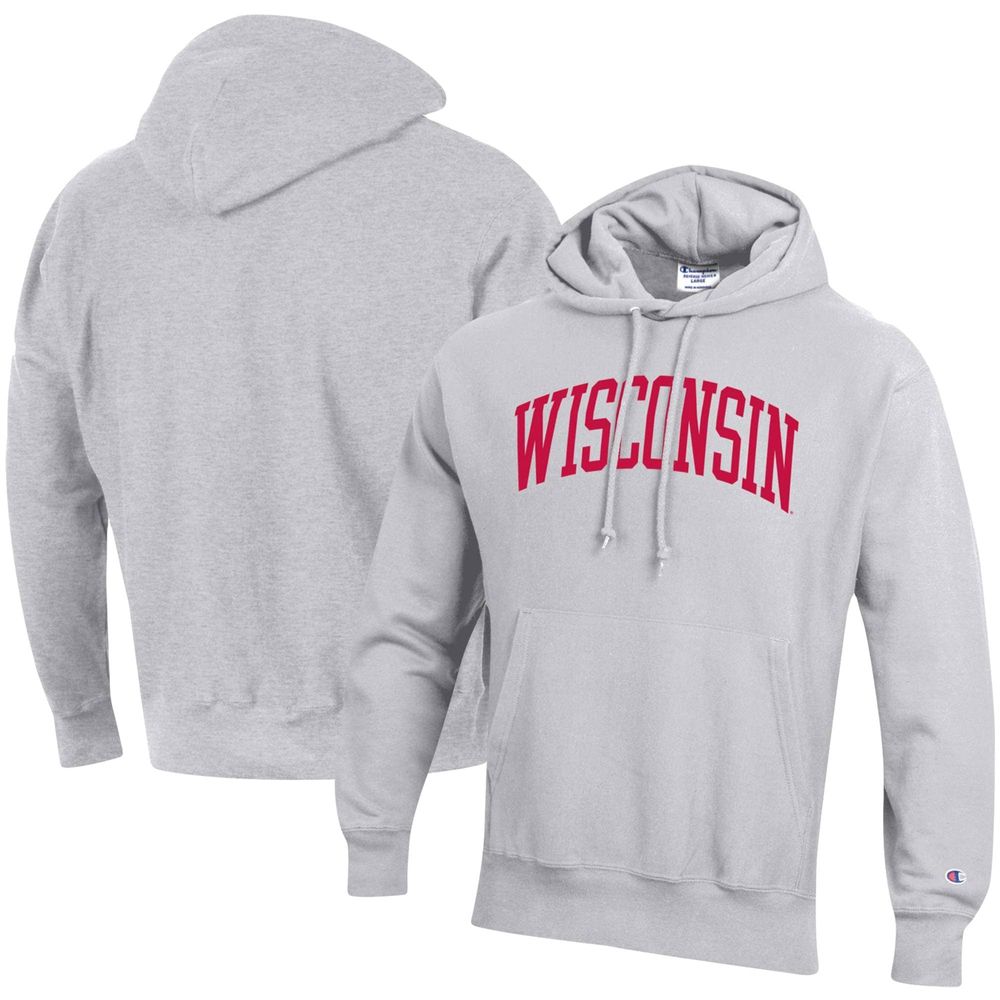 Men's Champion Heathered Gray Wisconsin Badgers Team Arch Reverse Weave Pullover Hoodie