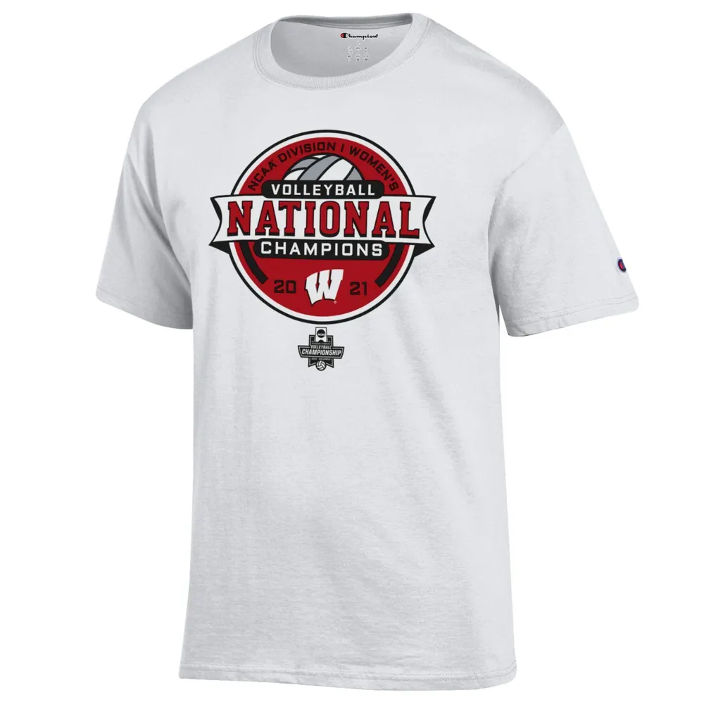 Champion pour hommes White Wisconsin Badgers 2021 T-shirt vestiaire des champions nationaux de volleyball féminin