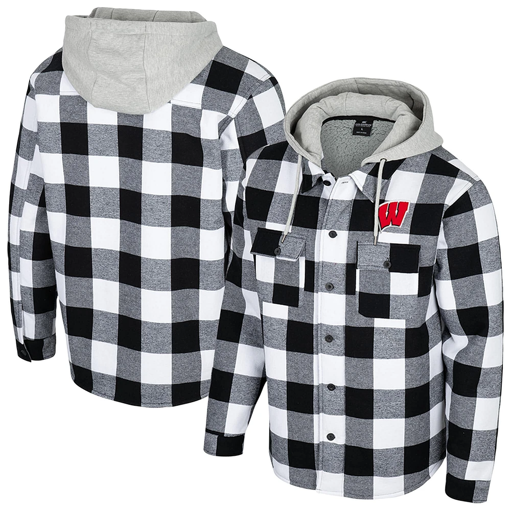 Men's Colosseum Black/White Wisconsin Badgers Buffalo Plaid Full-Zip Hoodie Jacket