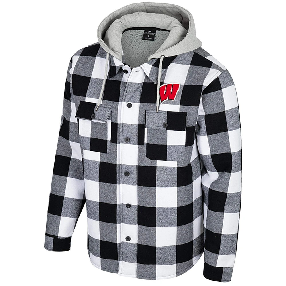 Men's Colosseum Black/White Wisconsin Badgers Buffalo Plaid Full-Zip Hoodie Jacket