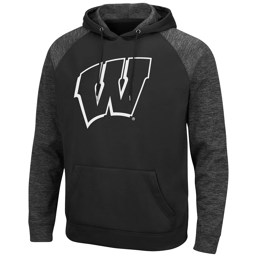 Men's Colosseum Black Wisconsin Badgers Blackout 3.0 Tonal Raglan Pullover Hoodie