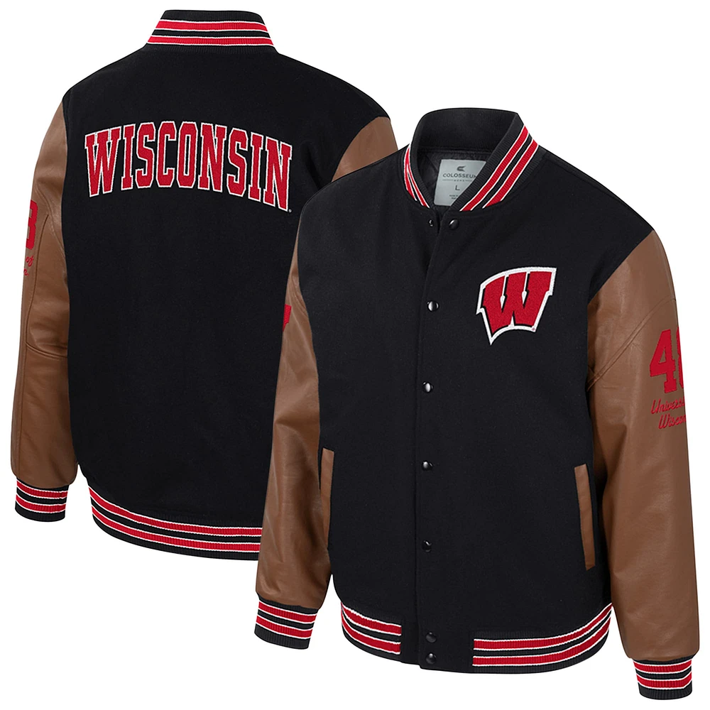 Veste universitaire noire à boutons-pression pour homme Colosseum Wisconsin Badgers Letterman