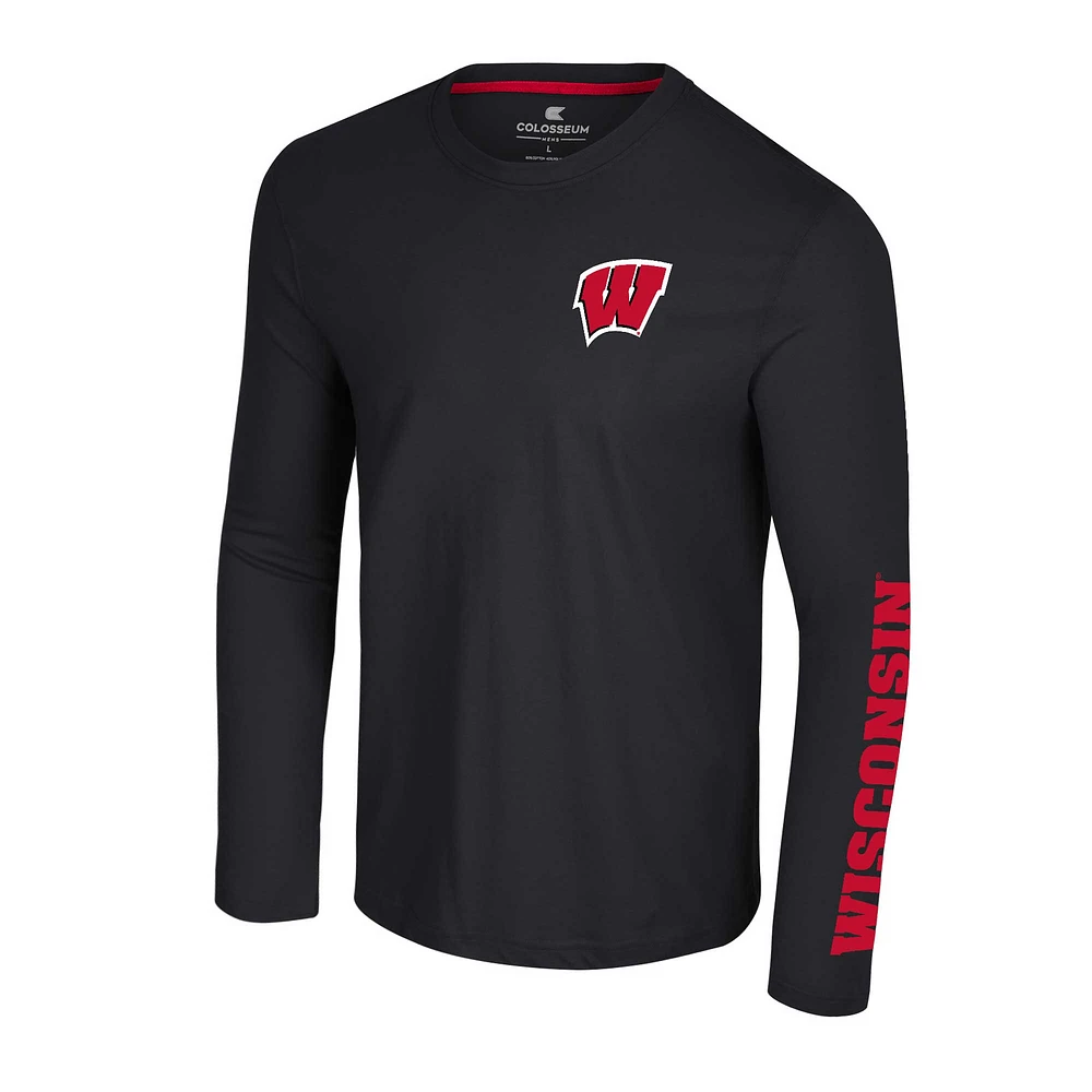 Men's Colosseum Black Wisconsin Badgers Logo Lockup 3-Hit Active Blend Long Sleeve T-Shirt