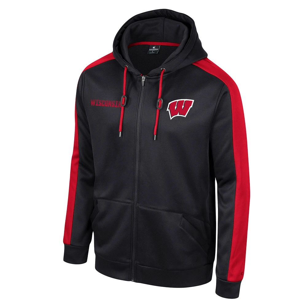 Sweat à capuche entièrement zippé Colosseum pour hommes, Wisconsin Badgers Reese, noir