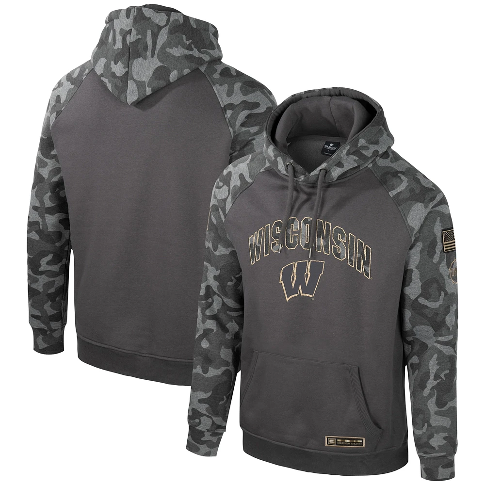 Men's Colosseum Charcoal Wisconsin Badgers OHT Military Appreciation Camo Raglan Pullover Hoodie