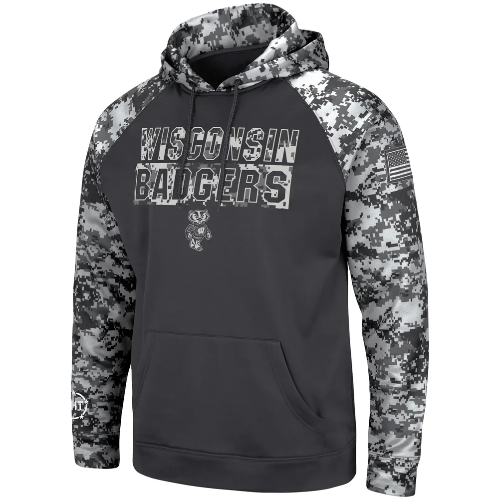 Men's Colosseum Charcoal Wisconsin Badgers OHT Military Appreciation Digital Camo Pullover Hoodie