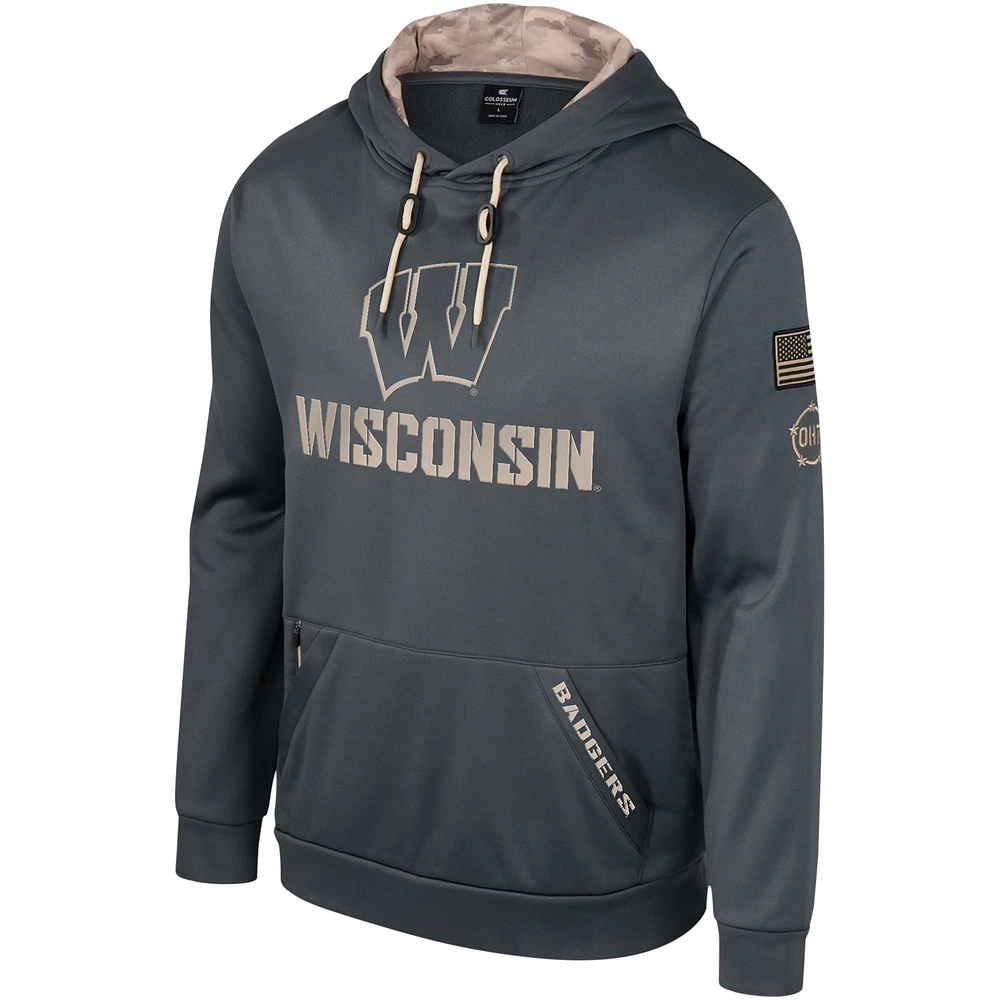 Sweat à capuche pour hommes Colosseum Charcoal Wisconsin Badgers OHT Military Appréciation