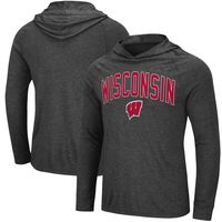 Men's Colosseum Heathered Black Wisconsin Badgers Big & Tall Wingman Raglan Hoodie T-Shirt