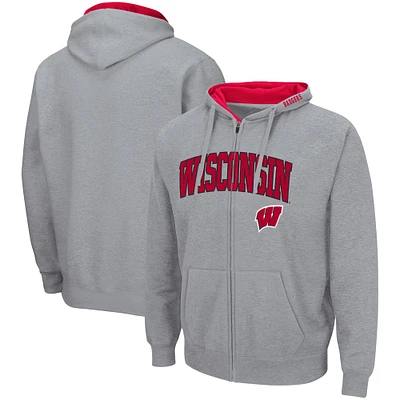 Men's Colosseum Heathered Gray Wisconsin Badgers Arch & Logo 3.0 Full-Zip Hoodie