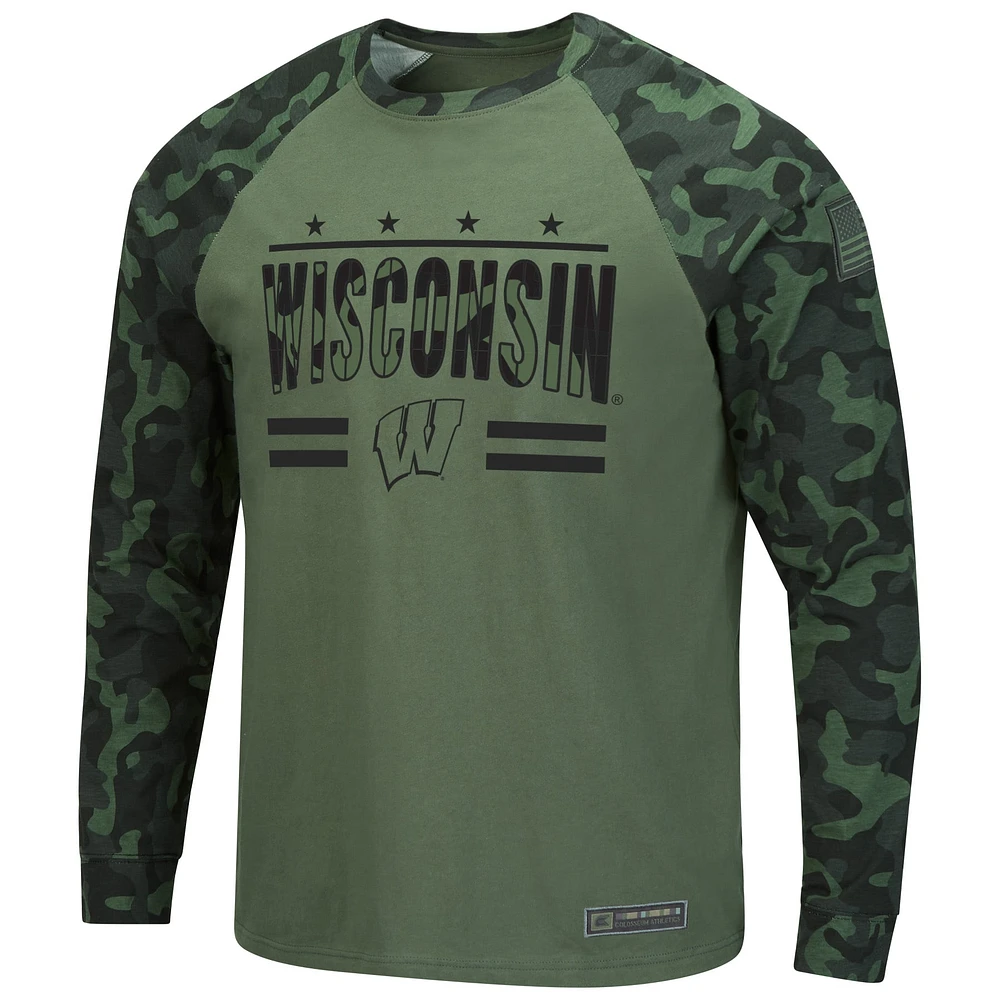 Colosseum Olive/Camo Wisconsin Badgers OHT Military Appreciation Slim-Fit Raglan Long Sleeve T-Shirt