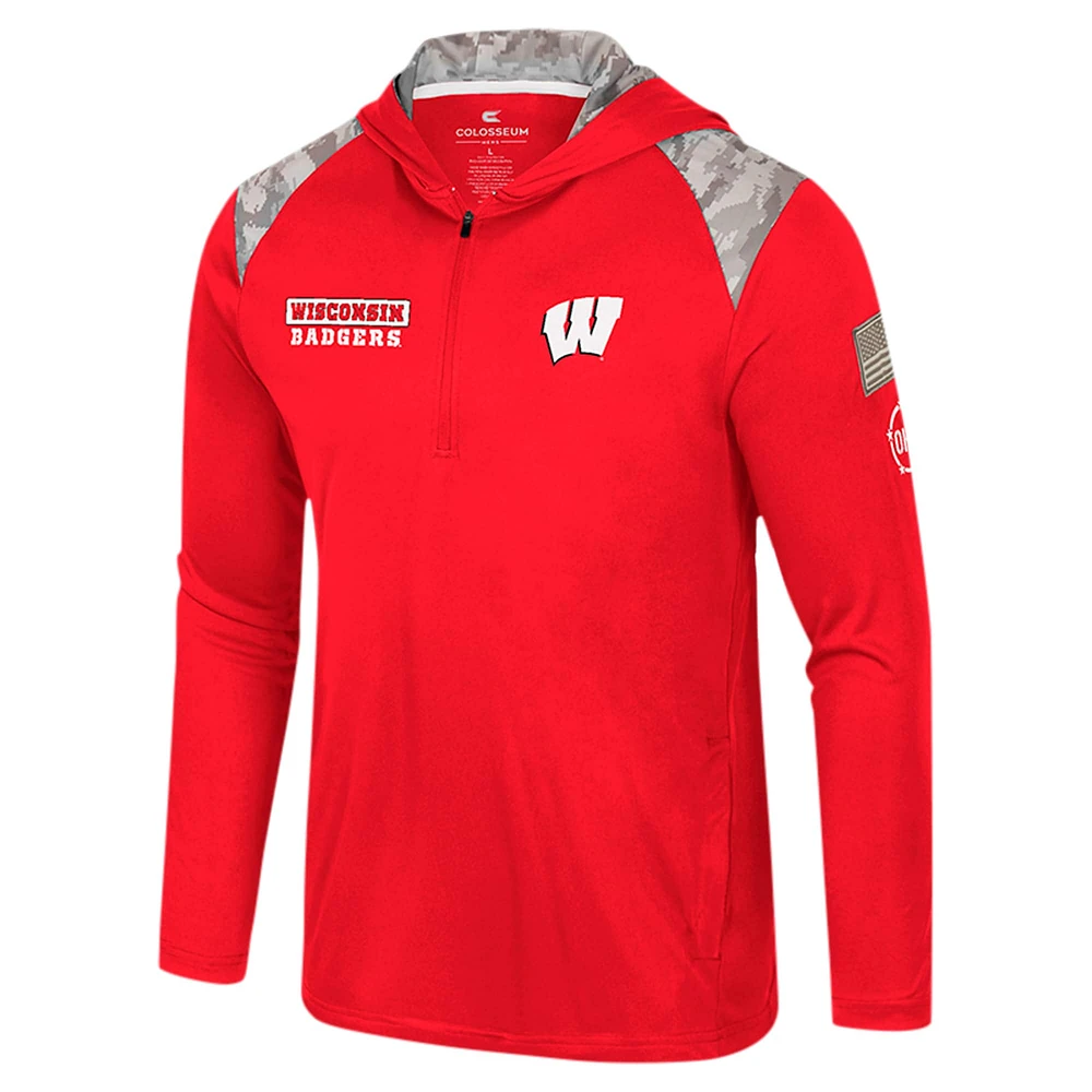 Men's Colosseum Red Wisconsin Badgers OHT Military Appreciation Quarter-Zip Hoodie Jacket