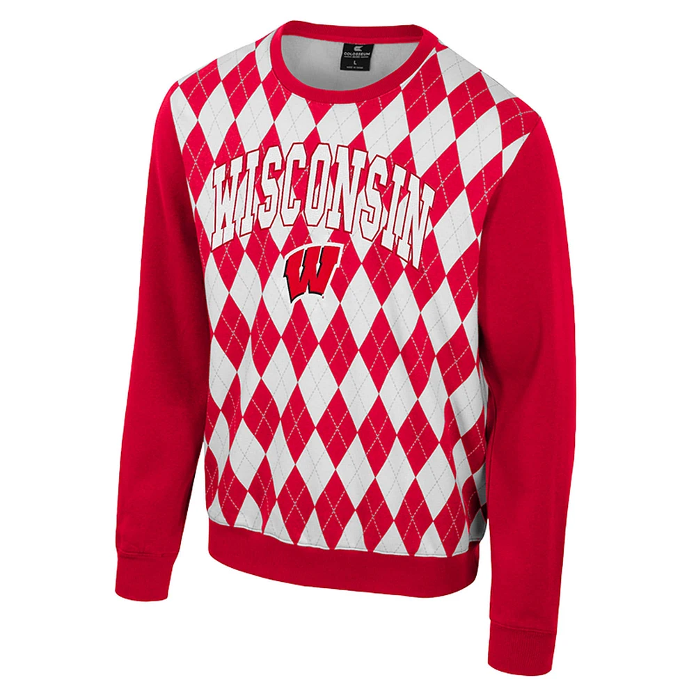 Men's Colosseum Red Wisconsin Badgers The Dealio Argyle Pullover Sweatshirt