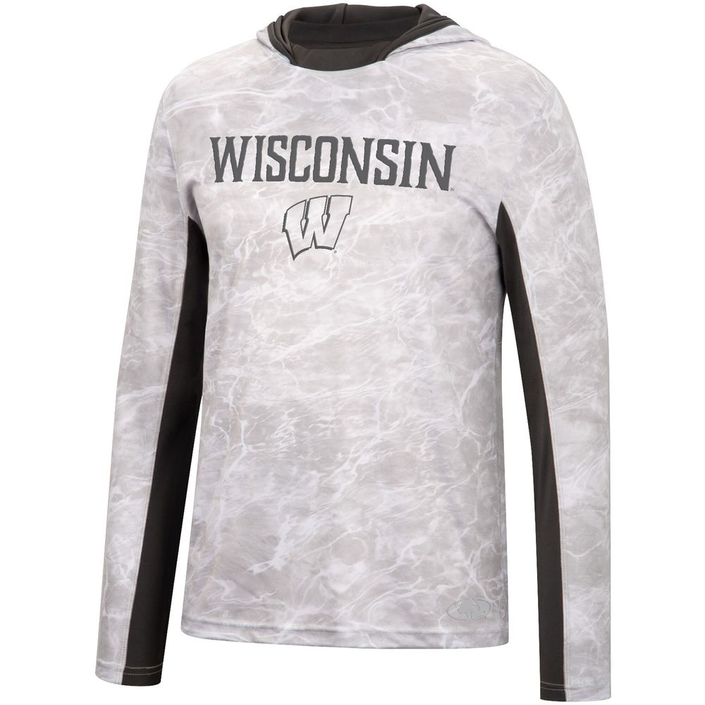 Men's Colosseum White Wisconsin Badgers Mossy Oak SPF 50 Performance Long Sleeve Hoodie T-Shirt