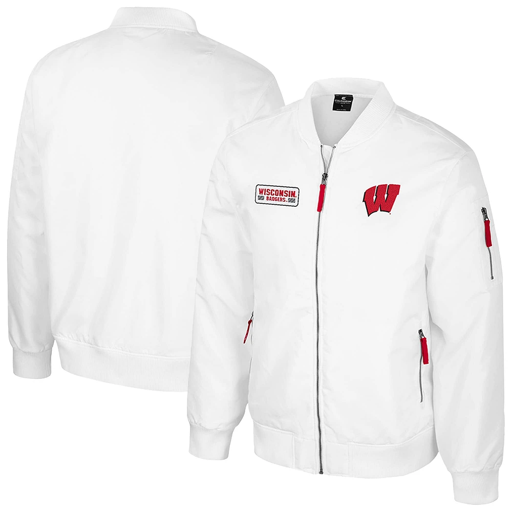 Men's Colosseum Wisconsin Badgers White Rabbit Full-Zip Bomber Jacket