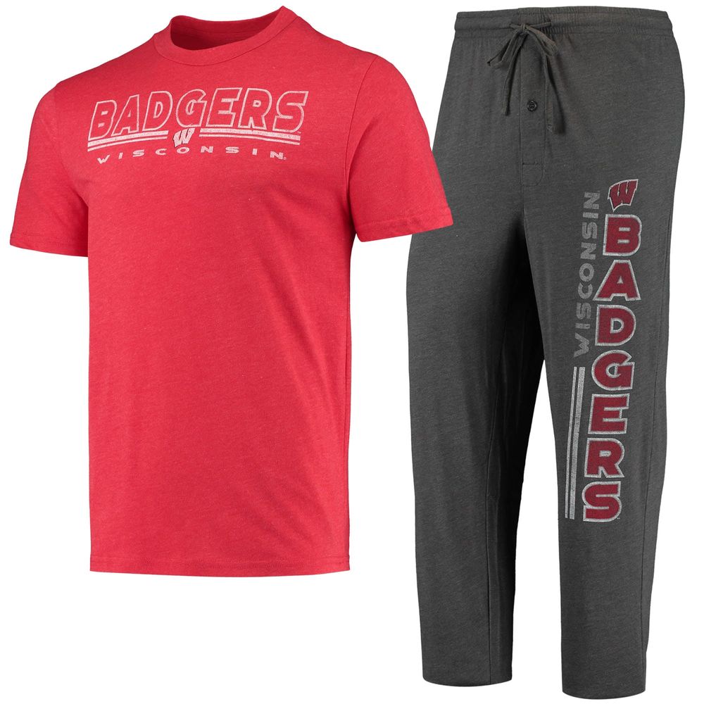 Men's Concepts Sport Heathered Charcoal/Red Wisconsin Badgers Meter T-Shirt & Pants Sleep Set