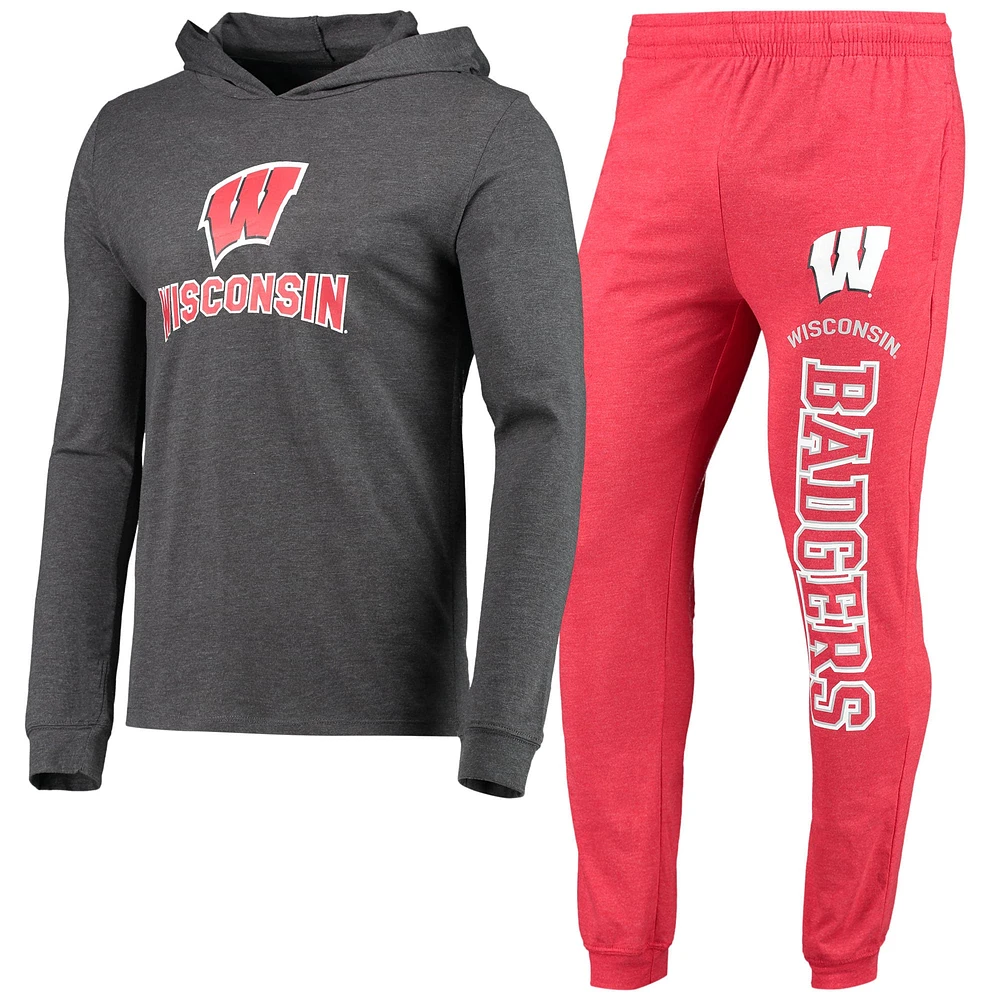 Concepts pour hommes Sport rouge/anthracite chiné Wisconsin Badgers Meter T-shirt à capuche manches longues et ensemble pyjama de jogging