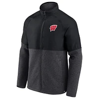 Men's Fanatics Black/Heathered Charcoal Wisconsin Badgers Durable Raglan Full-Zip Jacket