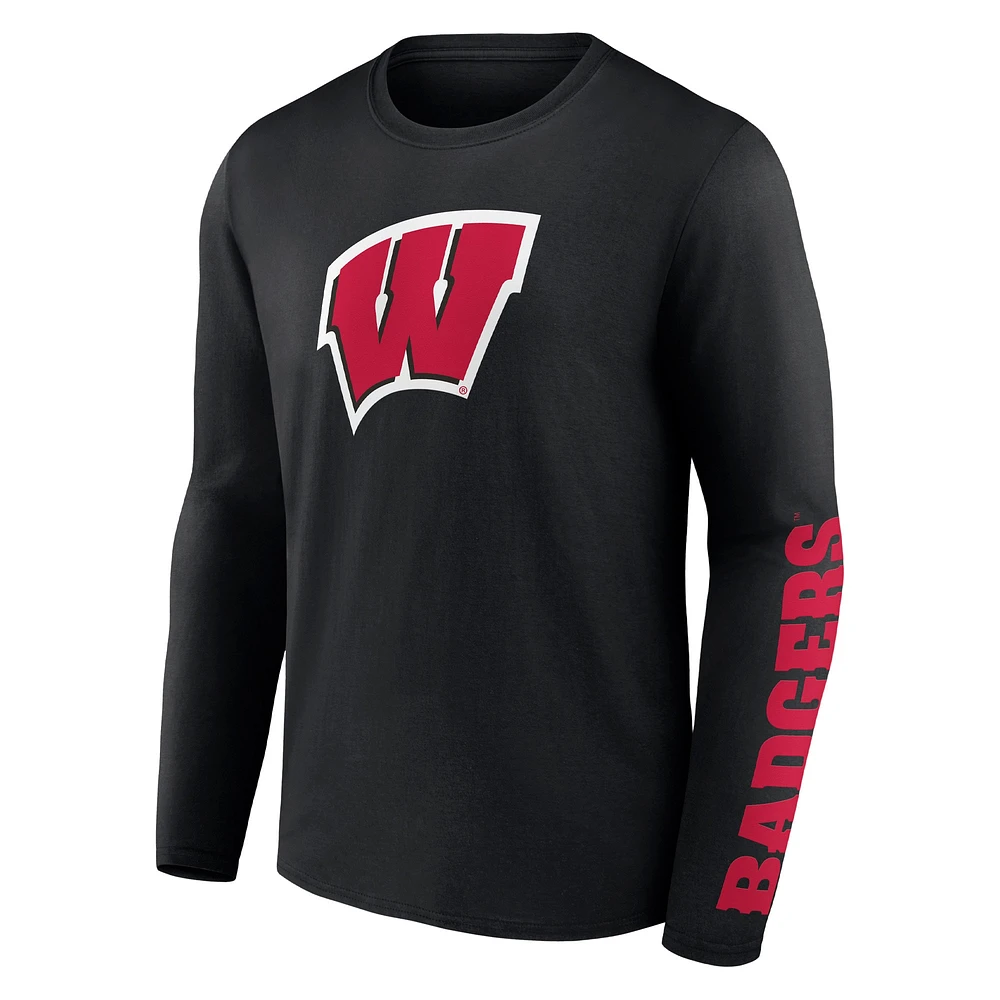 Men's Fanatics Black Wisconsin Badgers Double Time 2-Hit Long Sleeve T-Shirt