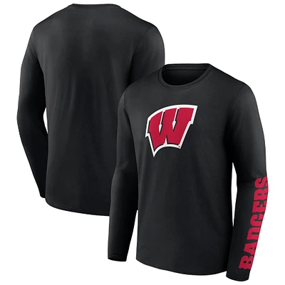 Men's Fanatics Black Wisconsin Badgers Double Time 2-Hit Long Sleeve T-Shirt