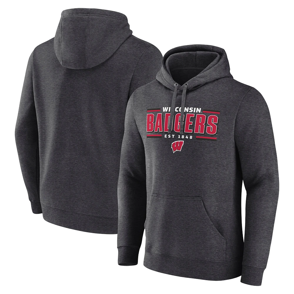 Men's Fanatics  Heather Charcoal Wisconsin Badgers Horizontal Block Fleece Pullover Hoodie