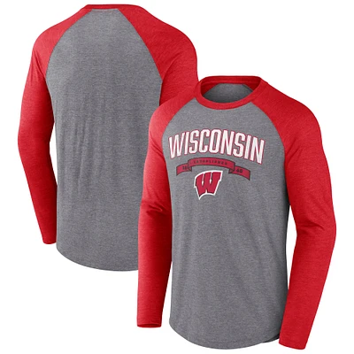 Men's Fanatics Heather Gray/Heather Red Wisconsin Badgers Heritage Banner Year Tri-Blend Long Sleeve T-Shirt