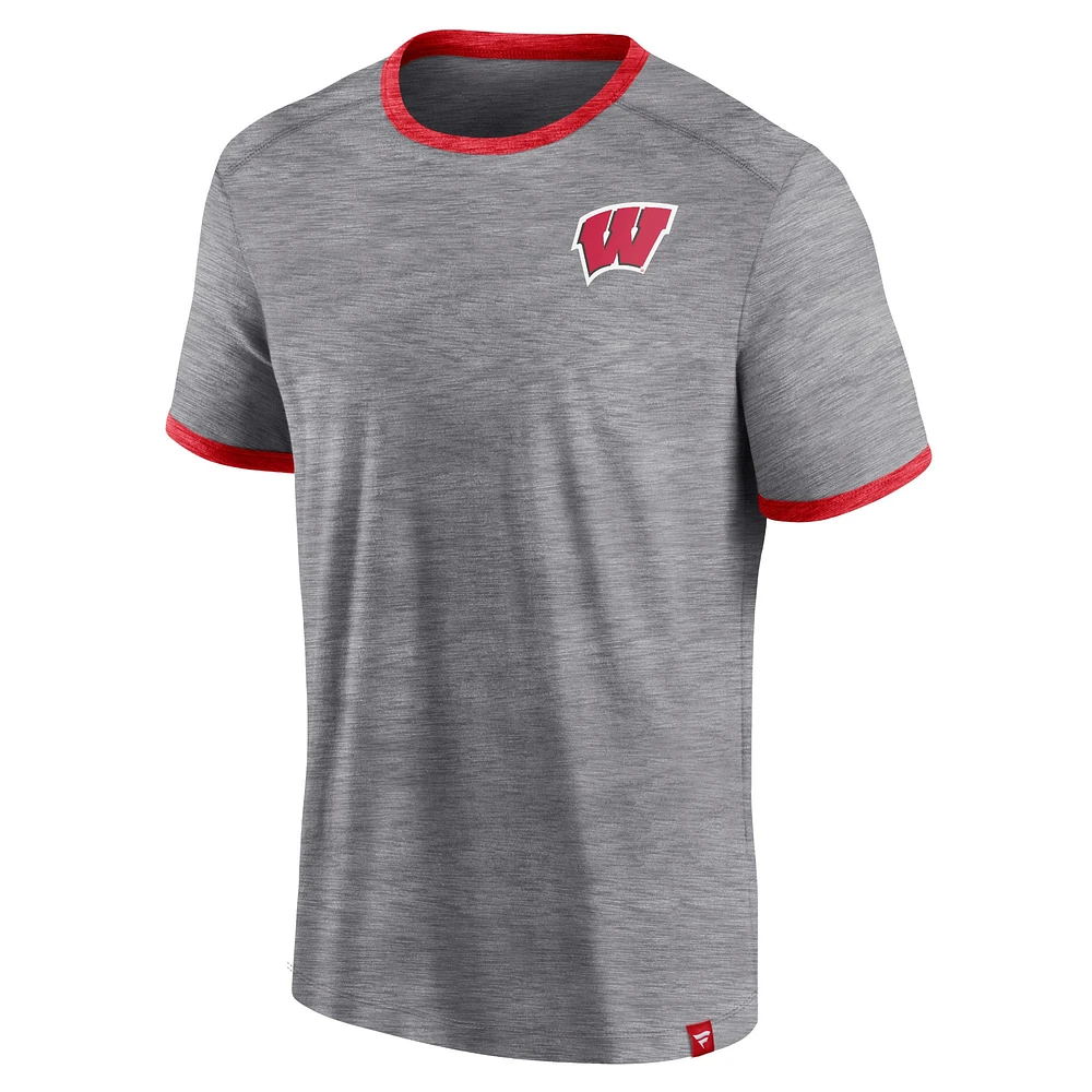 T-shirt classique Stack Ringer Fanatics Heather Grey Wisconsin Badgers pour hommes