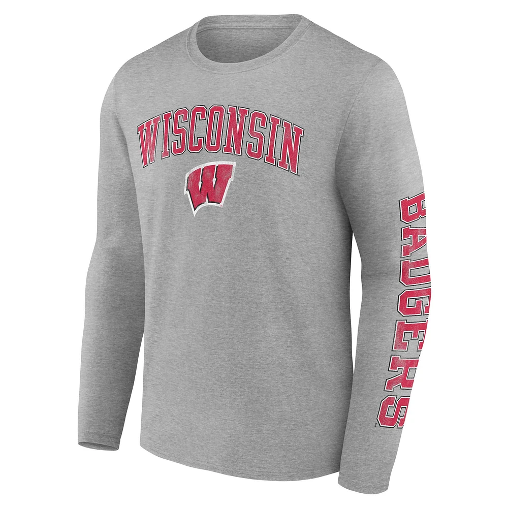 Men's Fanatics Heather Gray Wisconsin Badgers Distressed Arch Over Logo Long Sleeve T-Shirt