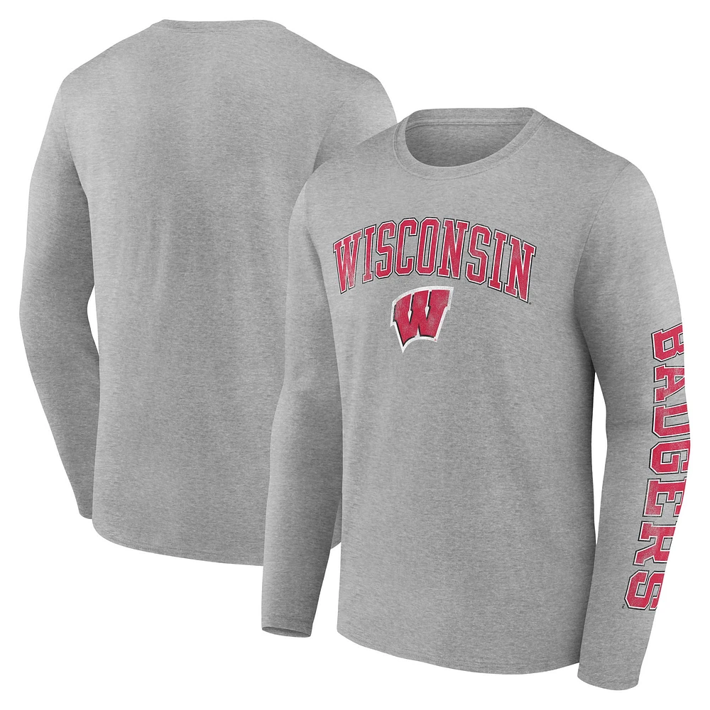 T-shirt à manches longues avec logo en détresse des Wisconsin Badgers Fanatics Heather Grey pour hommes