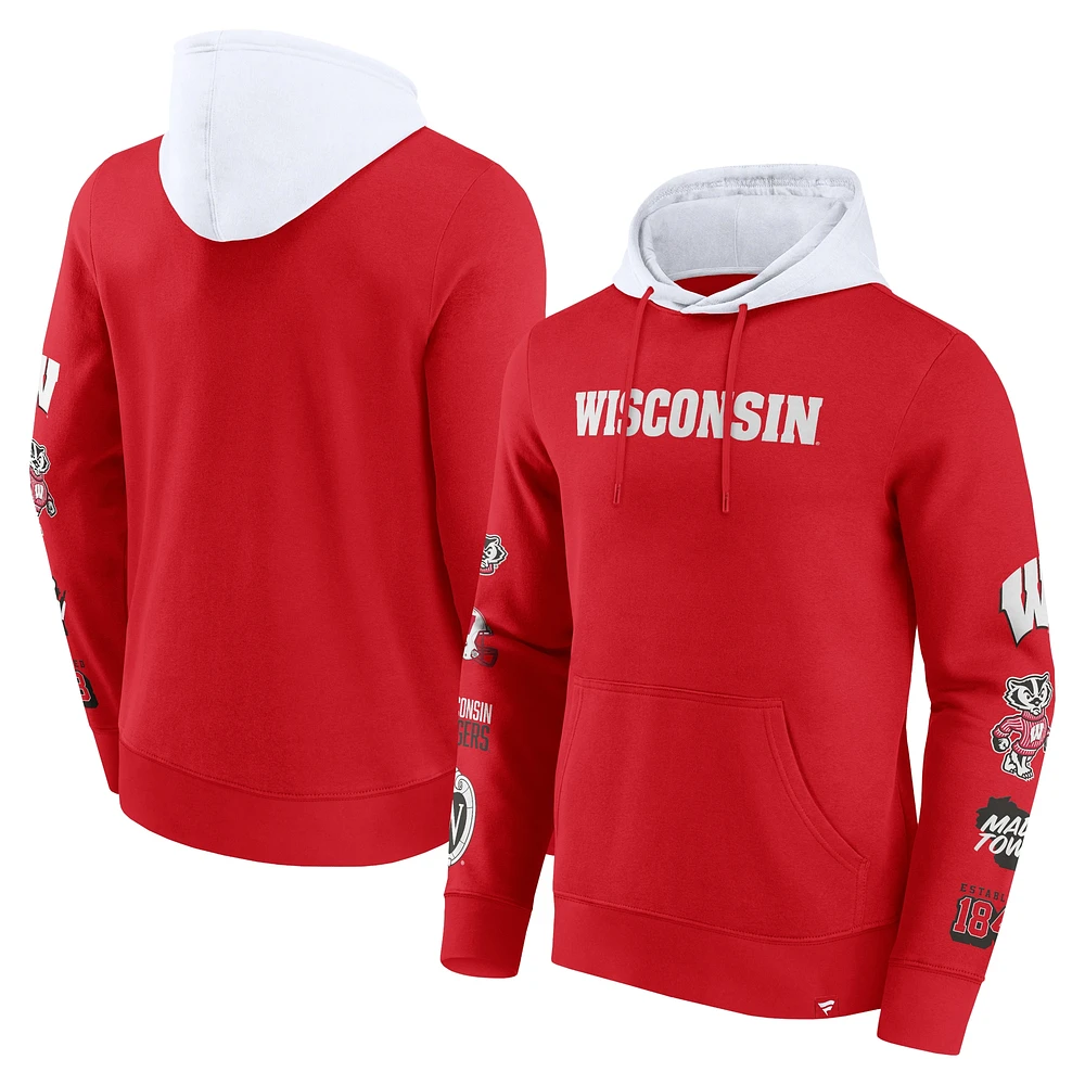 Men's Fanatics  Red/White Wisconsin Badgers Color Block Badge Fleece Pullover Hoodie