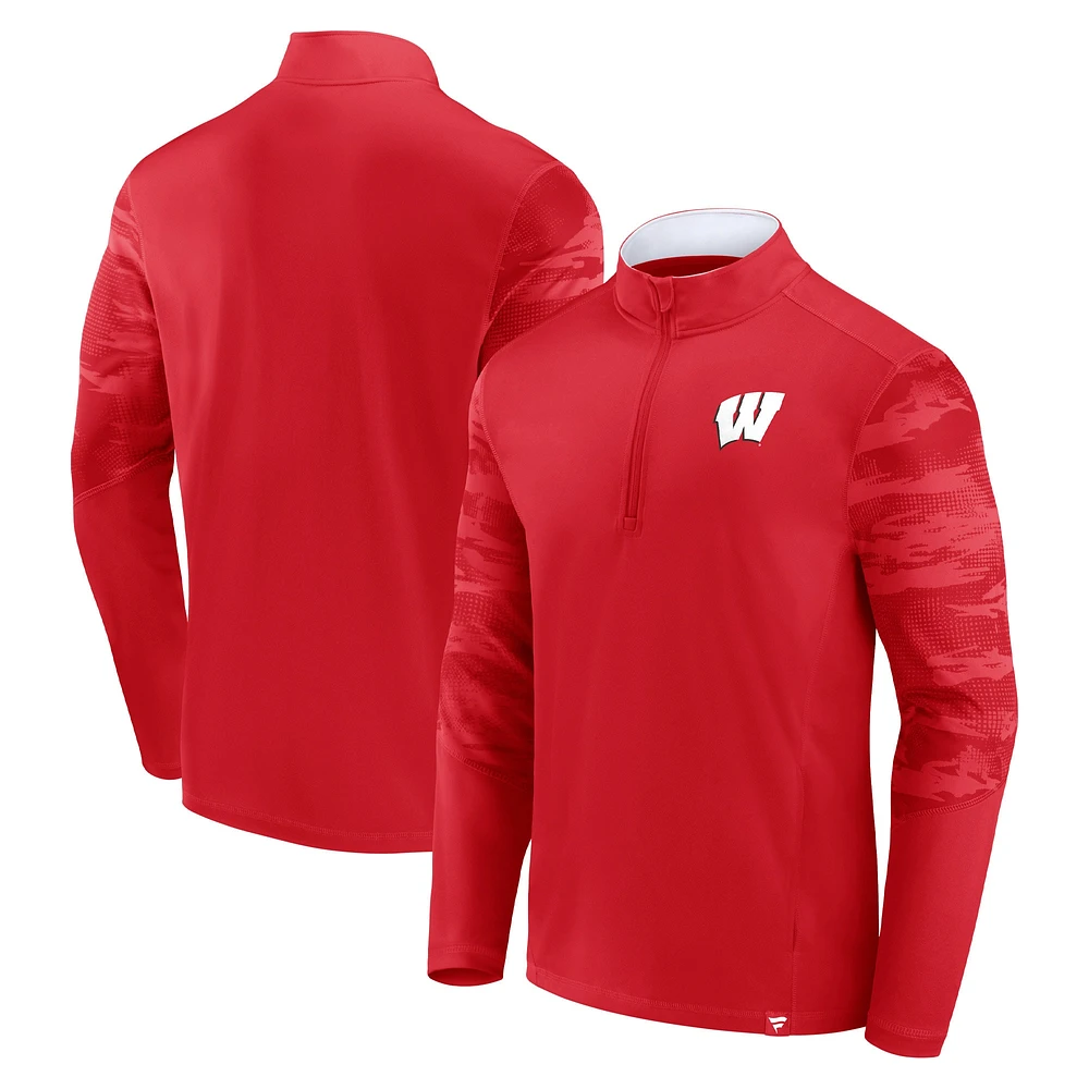 Haut à quart de zip Fanatics rouge/blanc Wisconsin Badgers Ringer pour hommes