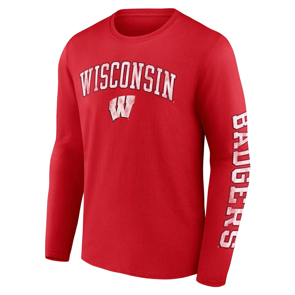 Men's Fanatics Wisconsin Badgers Distressed Arch Over Logo Long Sleeve T-Shirt