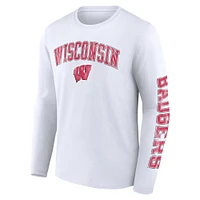 T-shirt blanc à manches longues avec logo en détresse des Badgers du Wisconsin Fanatics pour hommes