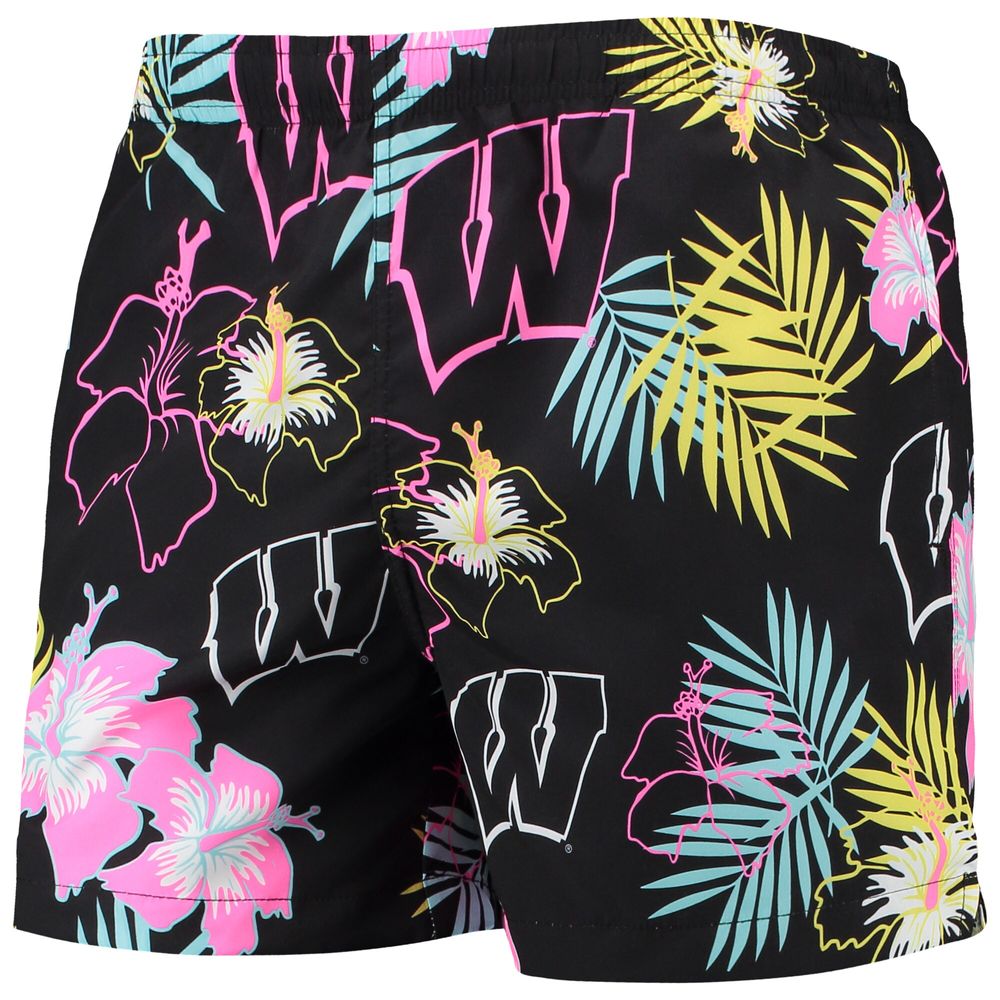 Men's FOCO Black Wisconsin Badgers Neon Floral Swim Trunks