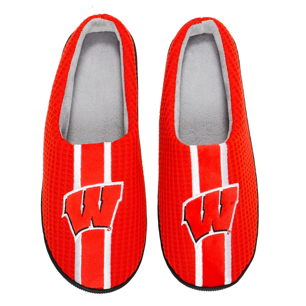 Chaussons à glissière en mousse mémoire de forme FOCO Wisconsin Badgers Team Stripe rouges pour hommes