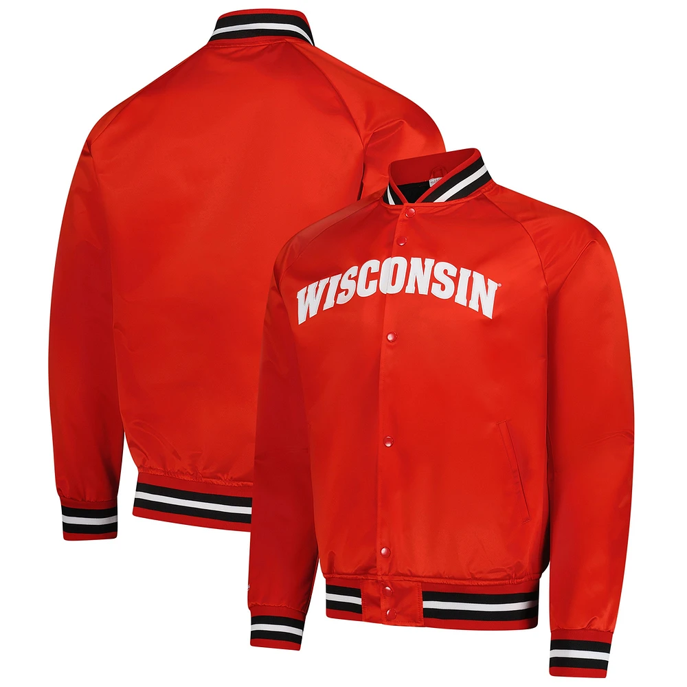 Veste légère en satin à boutons-pression et col raglan pour homme Mitchell & Ness Red Wisconsin Badgers