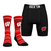 Pack combiné de chaussettes et caleçons boxeurs Rock Em Socks Wisconsin Badgers Primary Crew pour hommes