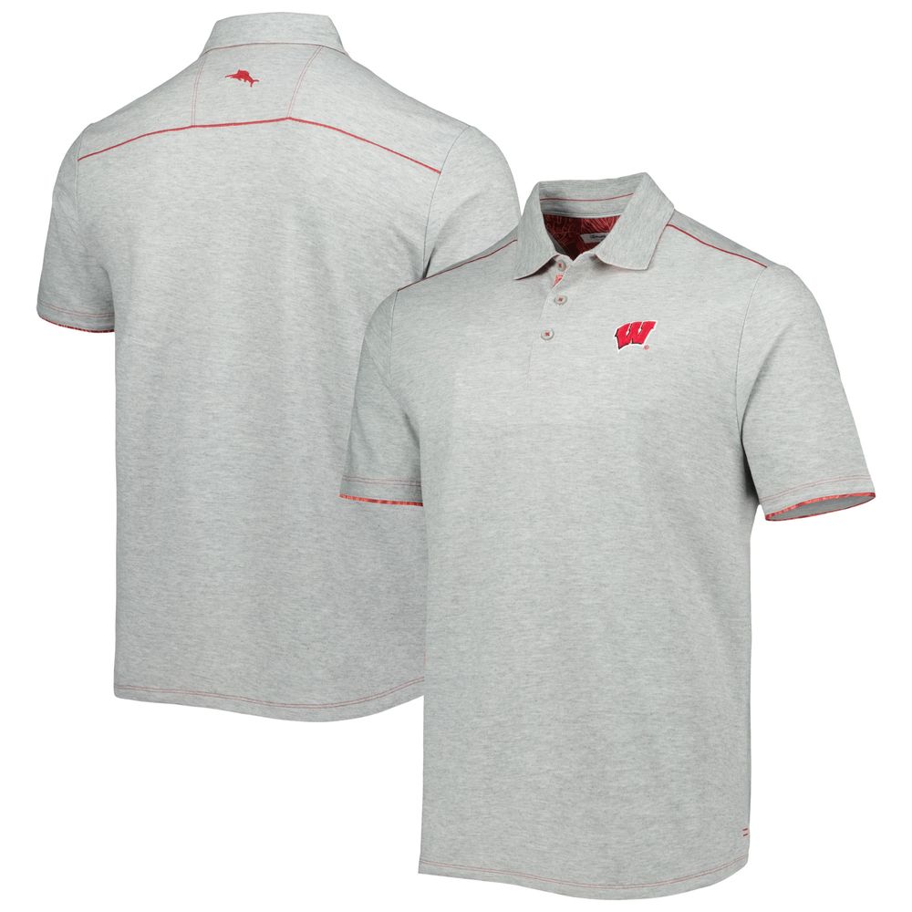 Men's Tommy Bahama Heathered Gray Wisconsin Badgers IslandZone Tailgater Polo