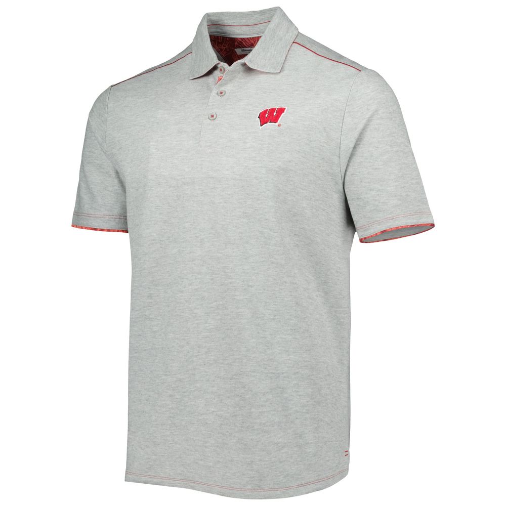 Men's Tommy Bahama Heathered Gray Wisconsin Badgers IslandZone Tailgater Polo