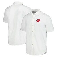 Men's Tommy Bahama White Wisconsin Badgers Coconut Point Palm Vista IslandZone Camp Button-Up Shirt