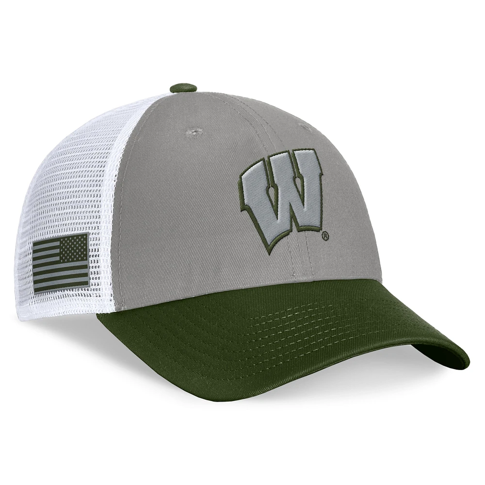 Men's Top of the World Gray/Green Wisconsin Badgers OHT Military Appreciation Badge Trucker Adjustable Hat